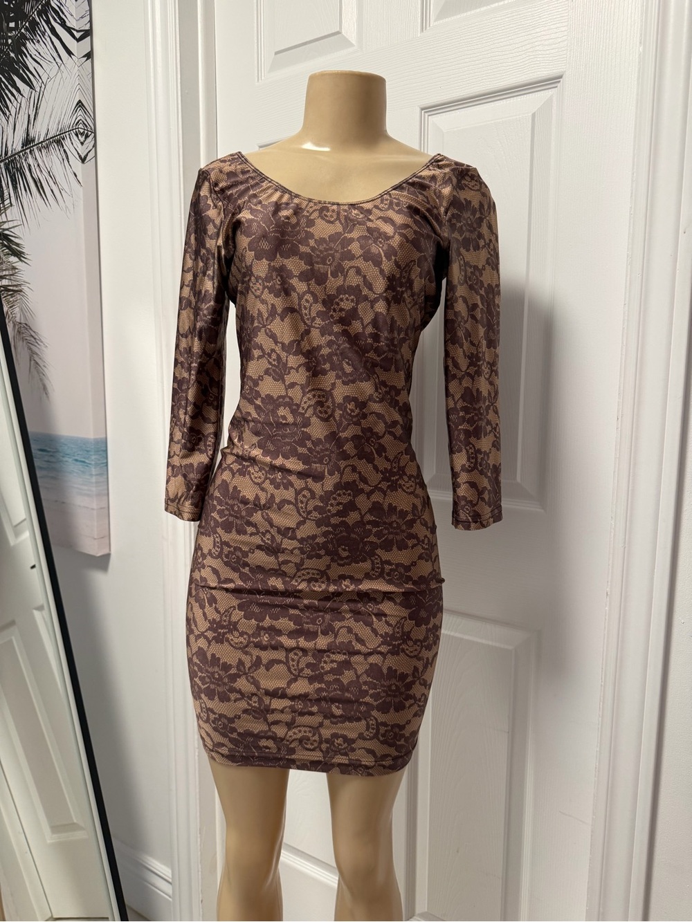 American Apparel Brown Lace-Overlay Long Sleeve Bodycon Dress